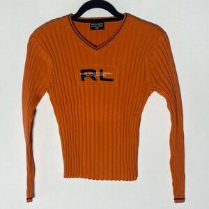 Vintage 90s Polo Jeans Co. Ralph Lauren Orange Ribbed Knit V Neck Fitted Sweater